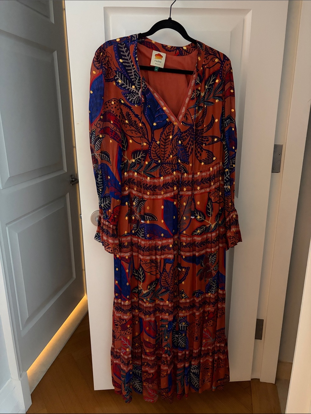 FARM Rio Rust Maxi Dress with Blue Leaf Print